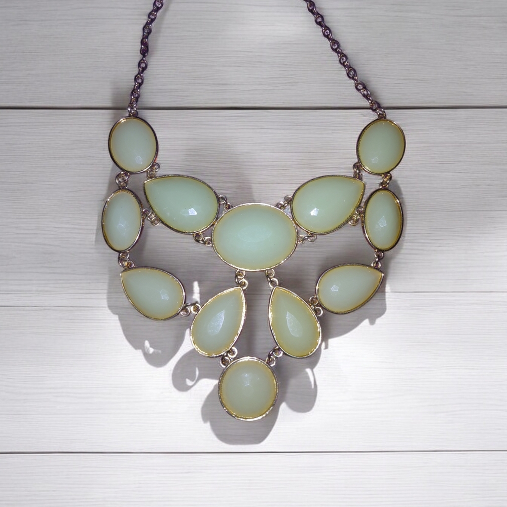 Pale Mint Green Statement Necklace with Oval Elements and Gold Setting